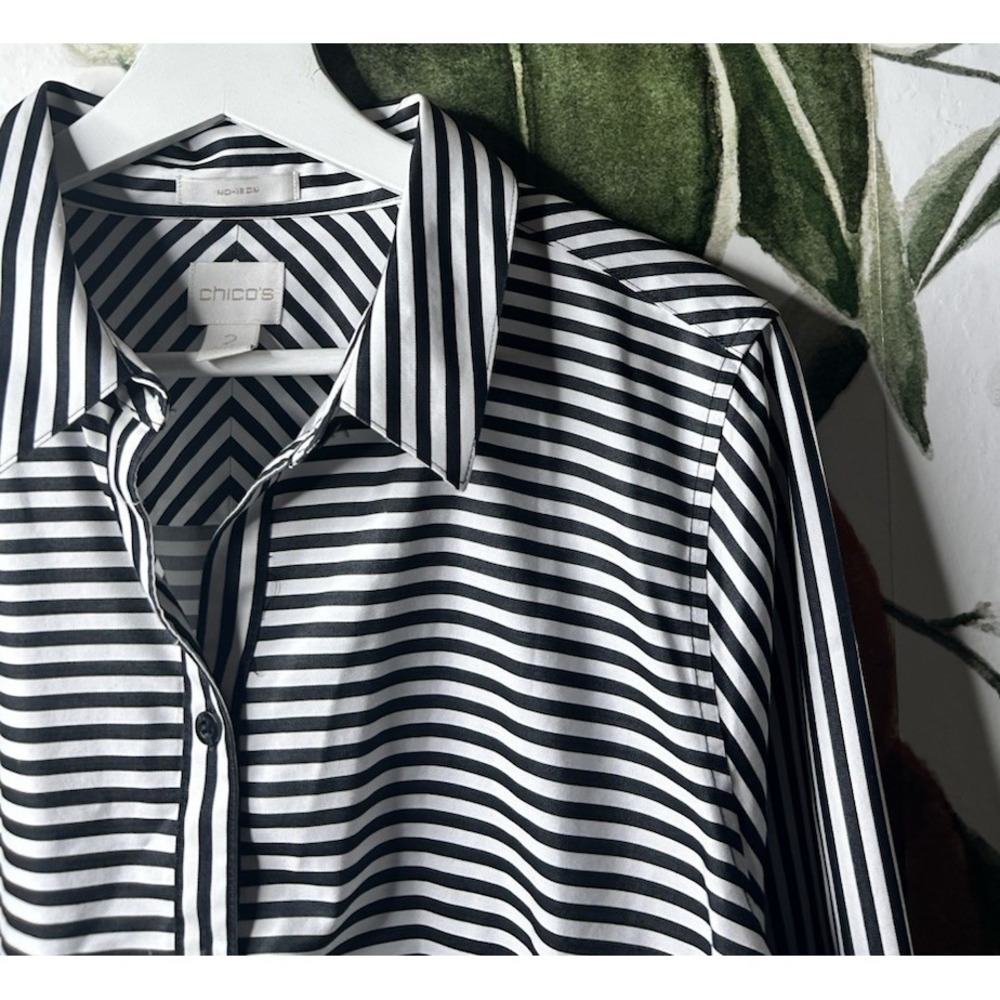 Chicos Size 2 US Large No Iron Striped Black & White Button Down Shirt Cotton - Picture 3 of 5
